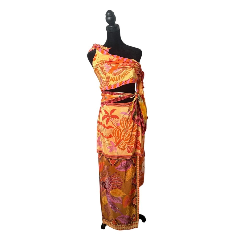 FARM Rio Tropical Print Cutout Midi Dress Womens XXS Orange Sarong NEW